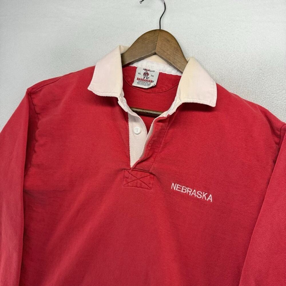 Vintage Nebraska Rugby Shirt men's XL Red Embroidered Spellout barbarian 90s